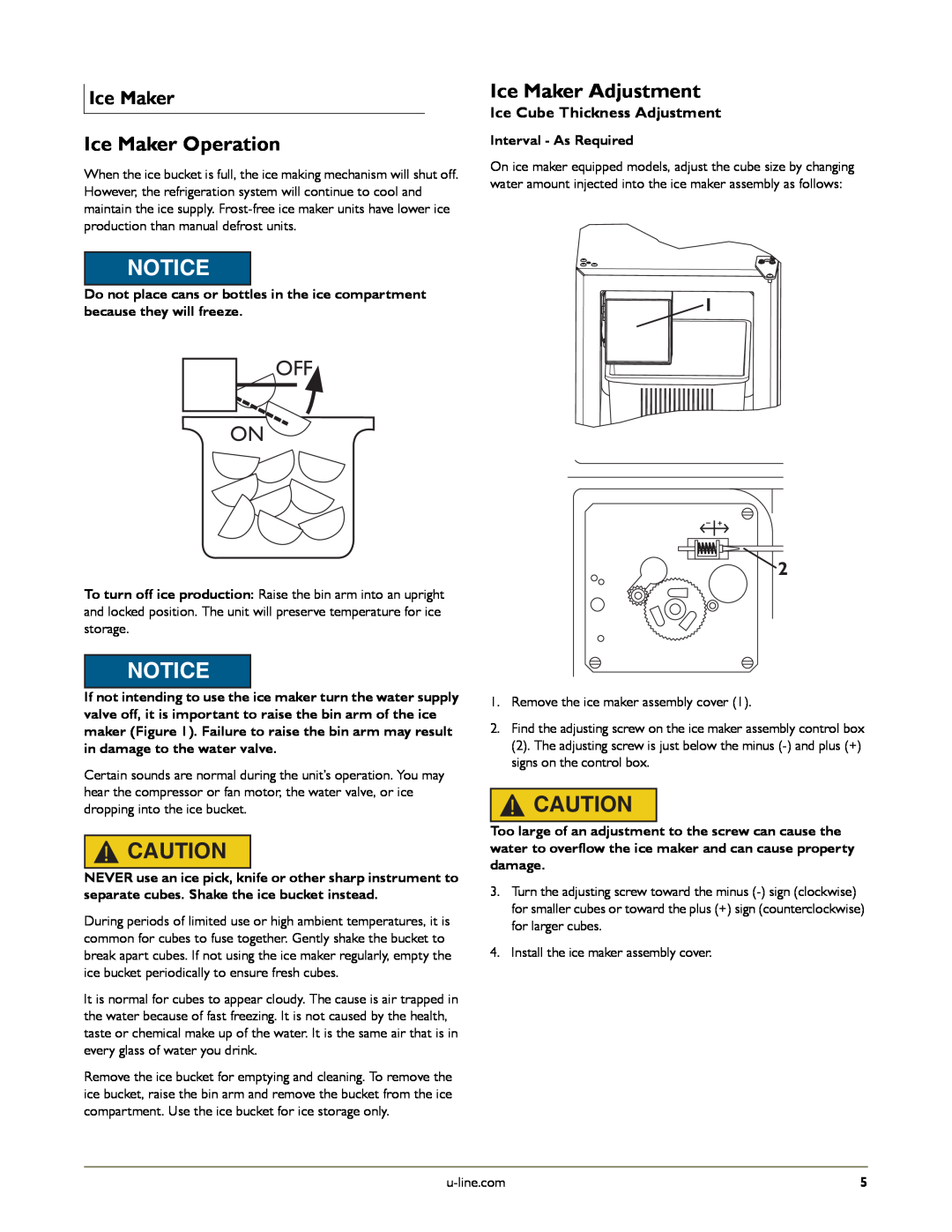 U-Line U-CO298-00 manual Ice Maker Operation, Ice Maker Adjustment, Ice Cube Thickness Adjustment 