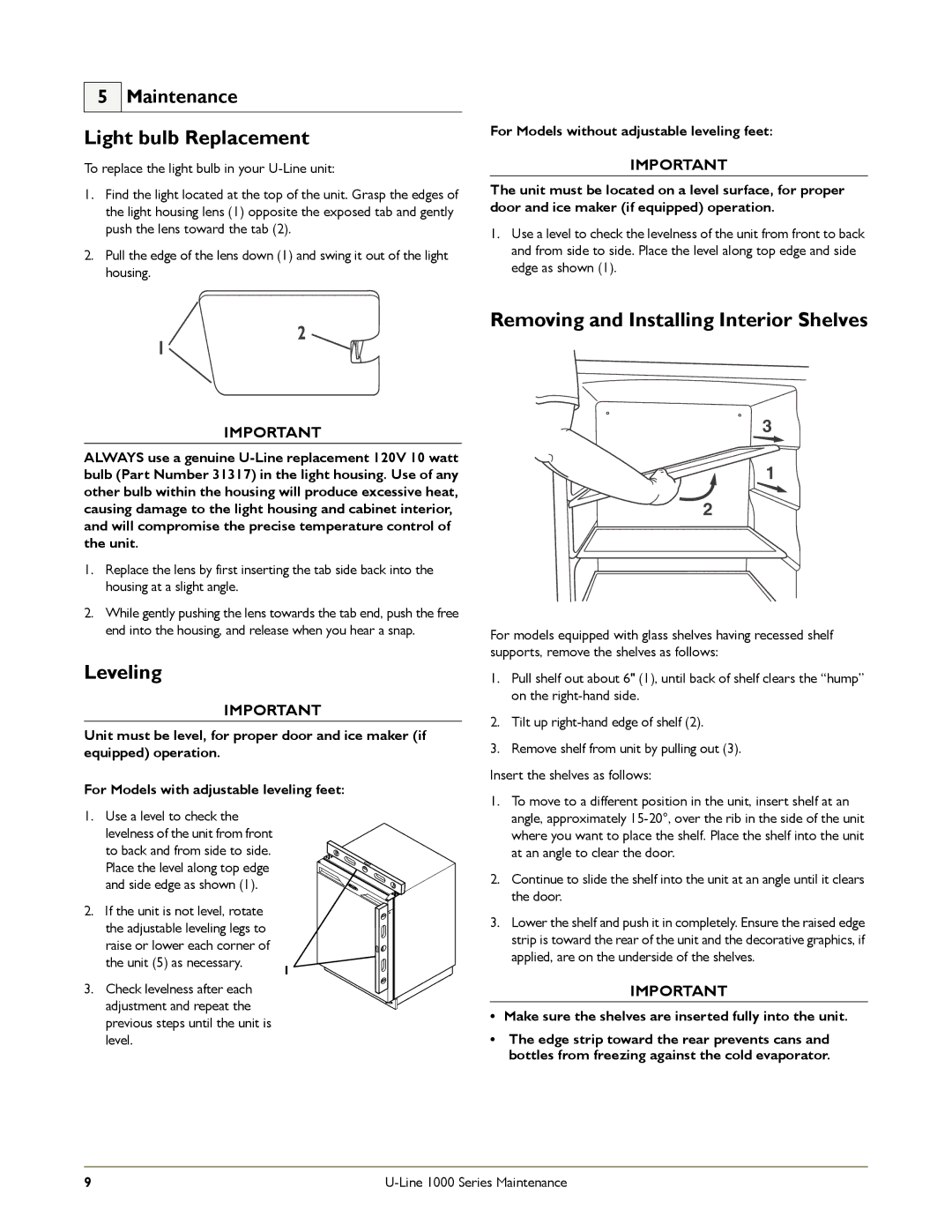 U-Line U-1075BEVS-02, ULN-29RB-06 ULN-29RWH-09, ULN-29RB-15 ULN-29RWH-23, ULN-29RB-00 manual Light bulb Replacement, Leveling 