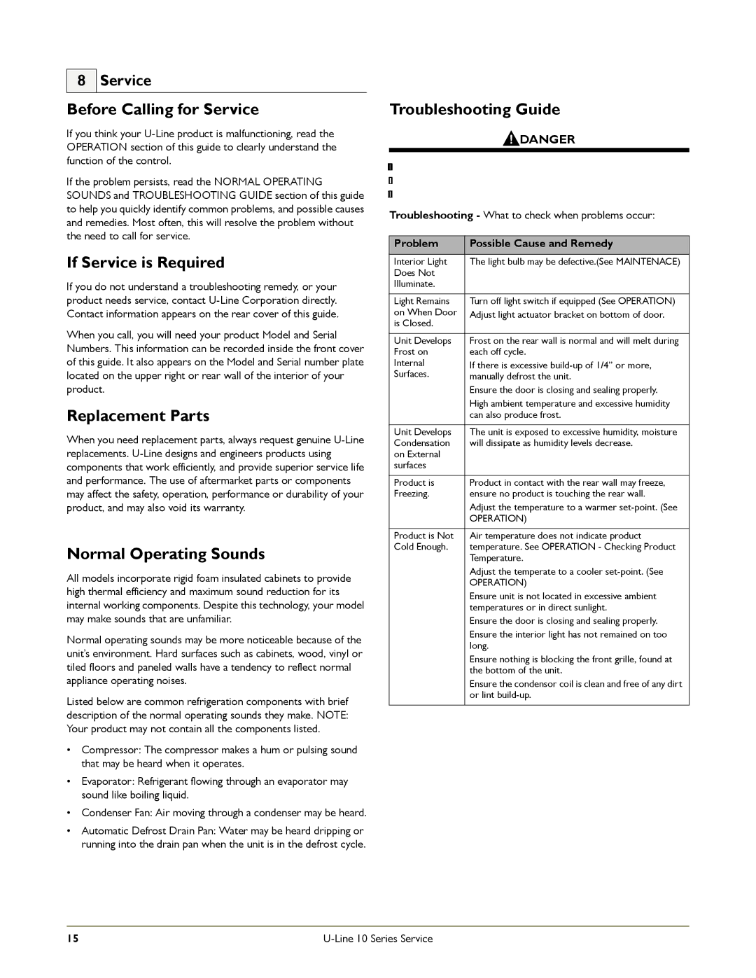 U-Line ULN-29RB-13 ULN-29RWH-15, ULN-29RB-00 manual Before Calling for Service, If Service is Required, Replacement Parts 