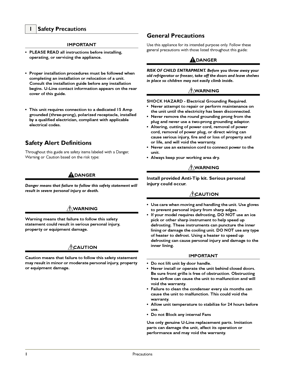 U-Line ULN-29RB-02 ULN-29RWH-06, ULN-29RB-06 ULN-29RWH-09, ULN-29RB-00 manual Safety Alert Definitions, General Precautions 