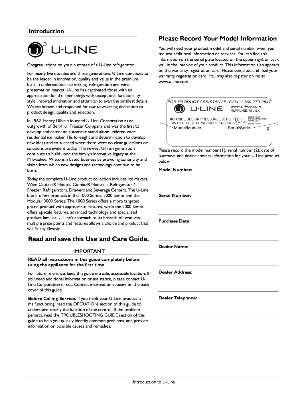 U-Line ULN-29RB-00 Read and save this Use and Care Guide, Please Record Your Model Information, Introduction, Model Number 