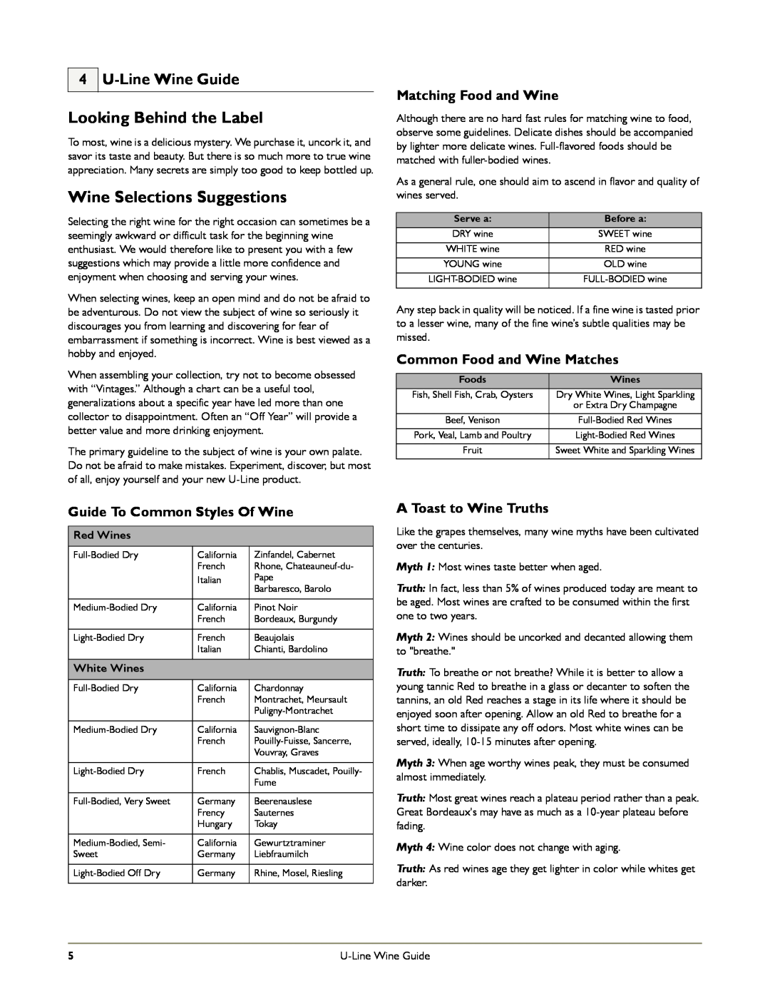 U-Line U-1075WCS-02 manual Looking Behind the Label, Wine Selections Suggestions, U-Line Wine Guide, Matching Food and Wine 