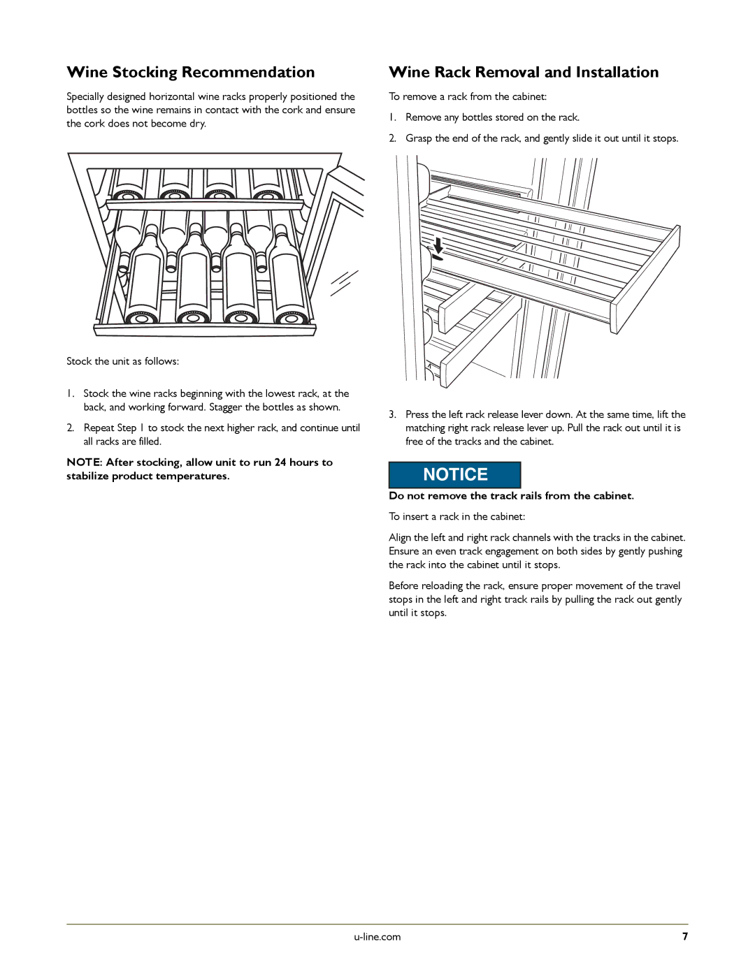 U-Line ULN-29RWH-25, ULN-75FWH-02, ULN-75FWH-13 manual Wine Stocking Recommendation, Wine Rack Removal and Installation 