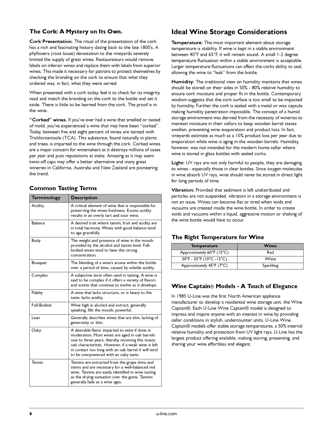 U-Line ULN-29RB-00, ULN-75FWH-02, ULN-75FWH-13, ULN-29RWH-02 manual Ideal Wine Storage Considerations, Terminology Description 