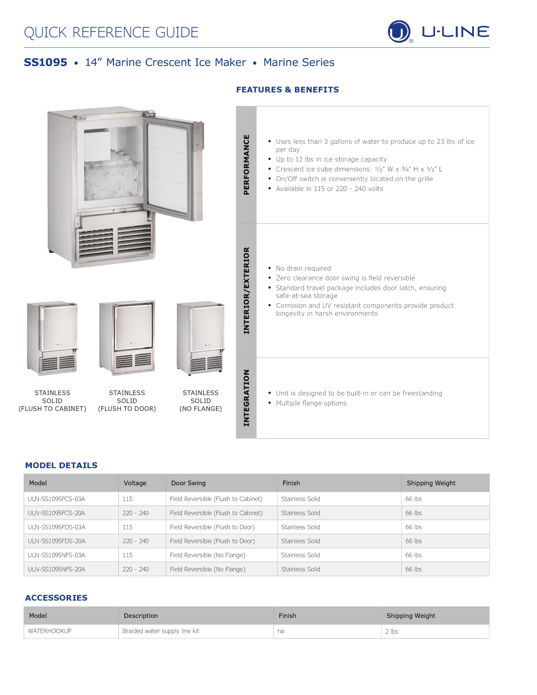 U-Line ULN-SS1095NFS-03A manual SS1095 14 Marine Crescent Ice Maker Marine Series, Features & Benefits 