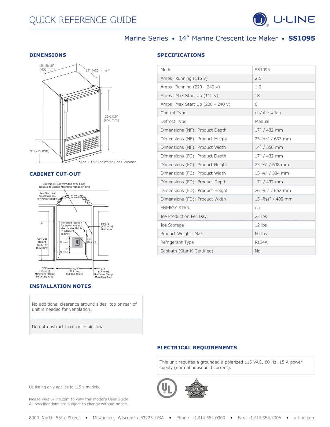 U-Line ULN-SS1095NFS-20A 220 - 240, ULN-SS1095FDS-03A 115 manual Marine Series 14 Marine Crescent Ice Maker SS1095 