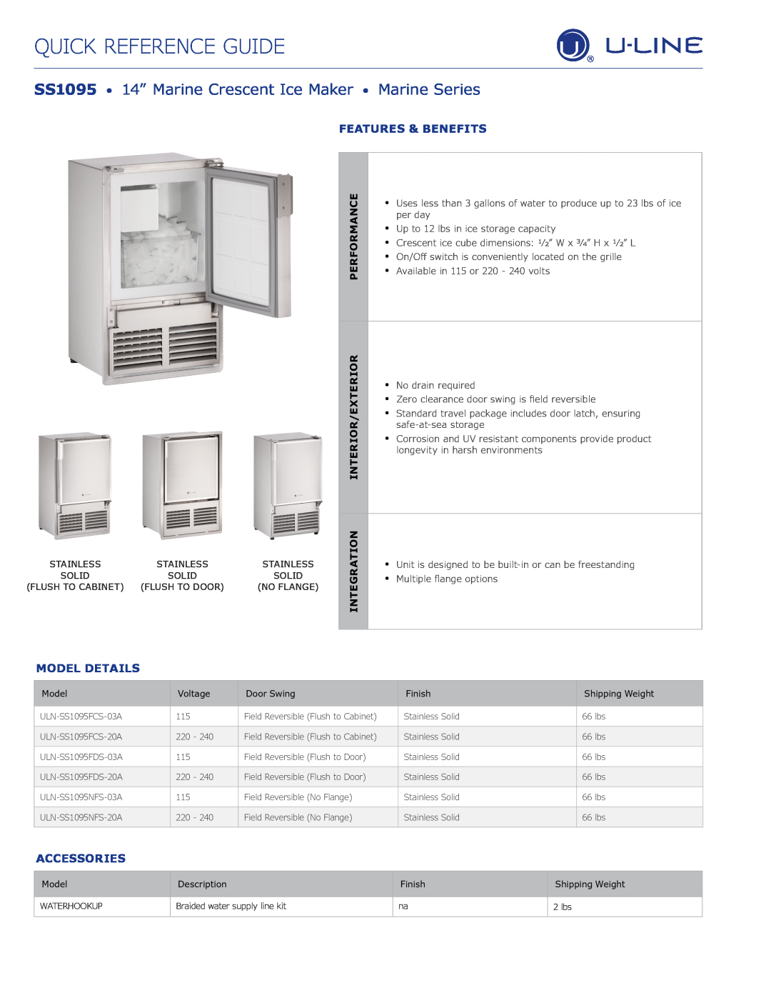 U-Line ULN-SS1095NFS-03A manual Quick Reference Guide, Features & Benefits, Model Details, Accessories 