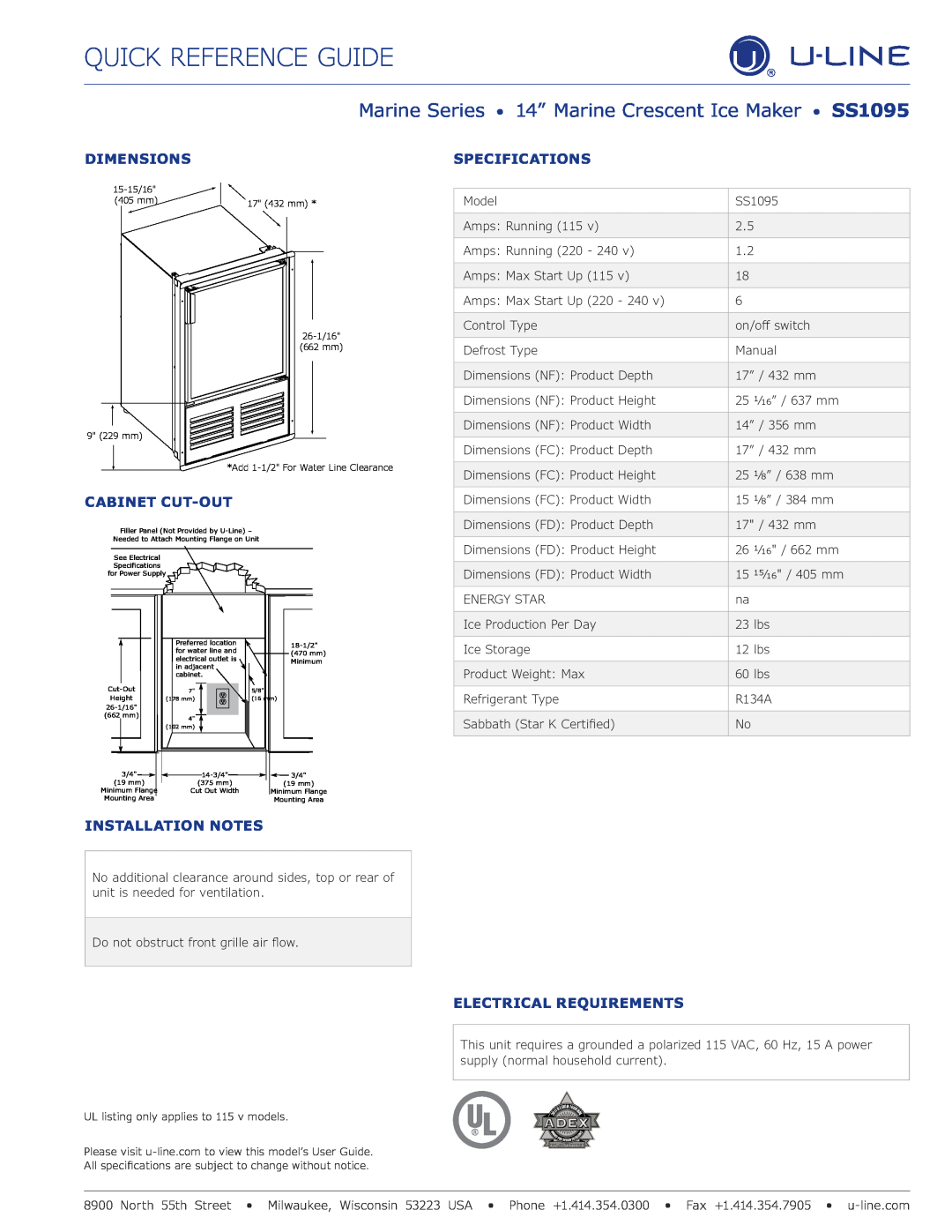 U-Line ULN-SS1095NFS-20A 220 - 240 Dimensions, Specifications, Cabinet Cut-Out, Installation Notes, Quick Reference Guide 