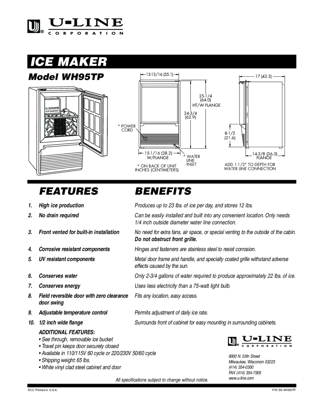 U-Line specifications ICE Maker, Features Benefits, Model WH95TP, Additional Features 