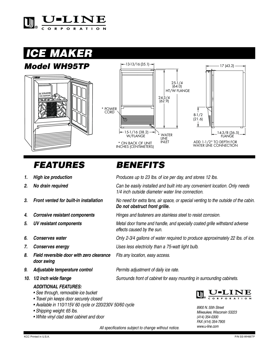 U-Line specifications Ice Maker, Features, Benefits, Model WH95TP 