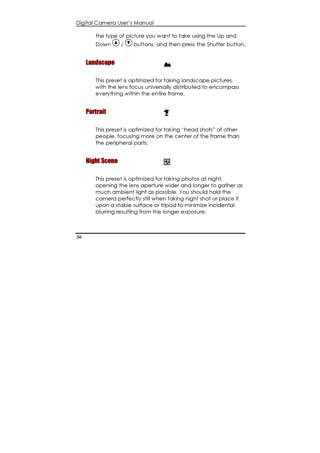 Ulead 020810 manual Landscape, Portrait, Night Scene 