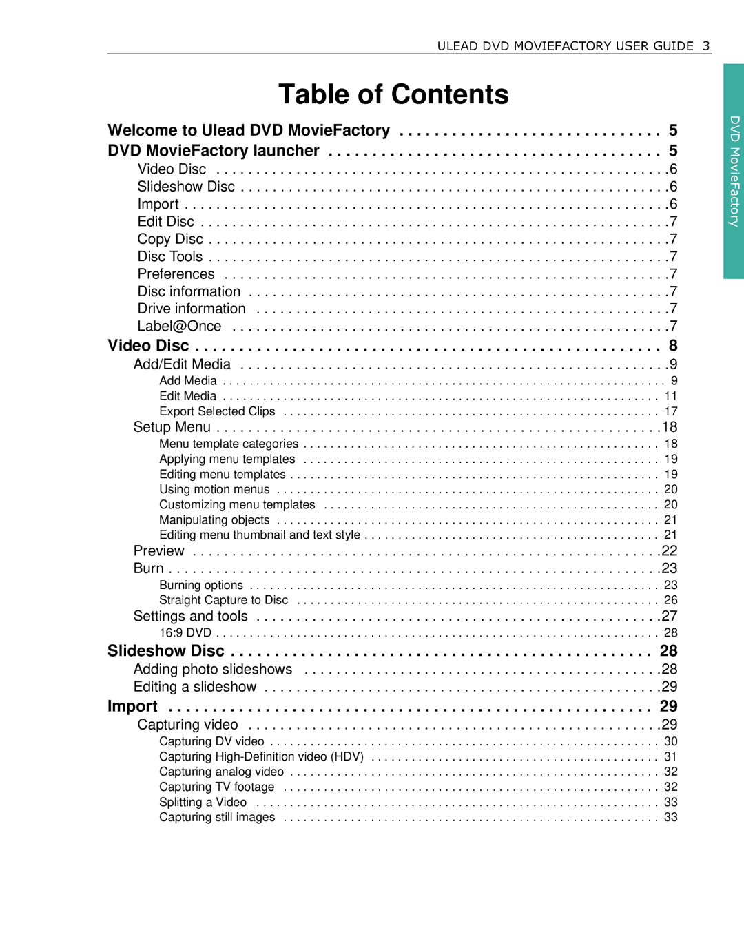 Ulead DVDMovieFactory manual Table of Contents 