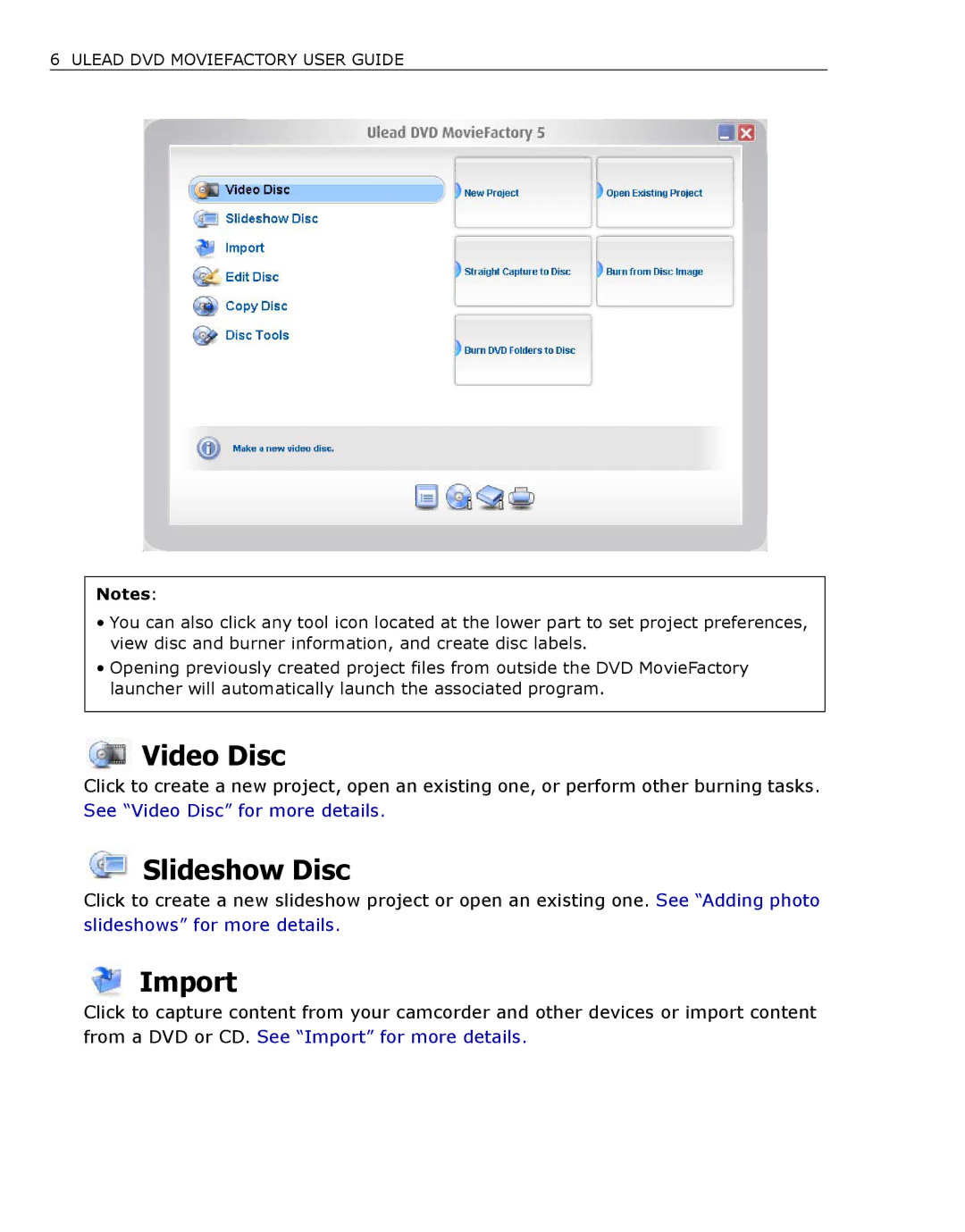 Ulead DVDMovieFactory manual Video Disc, Slideshow Disc, Import 