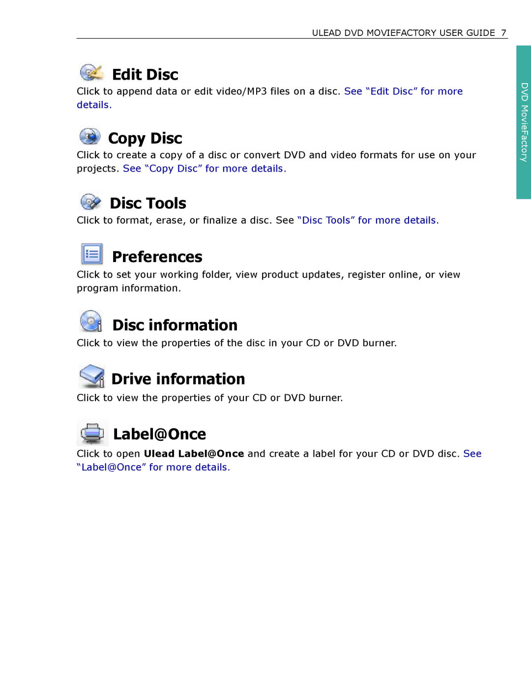 Ulead DVDMovieFactory manual Edit Disc, Copy Disc, Disc Tools, Preferences, Disc information, Drive information, Label@Once 
