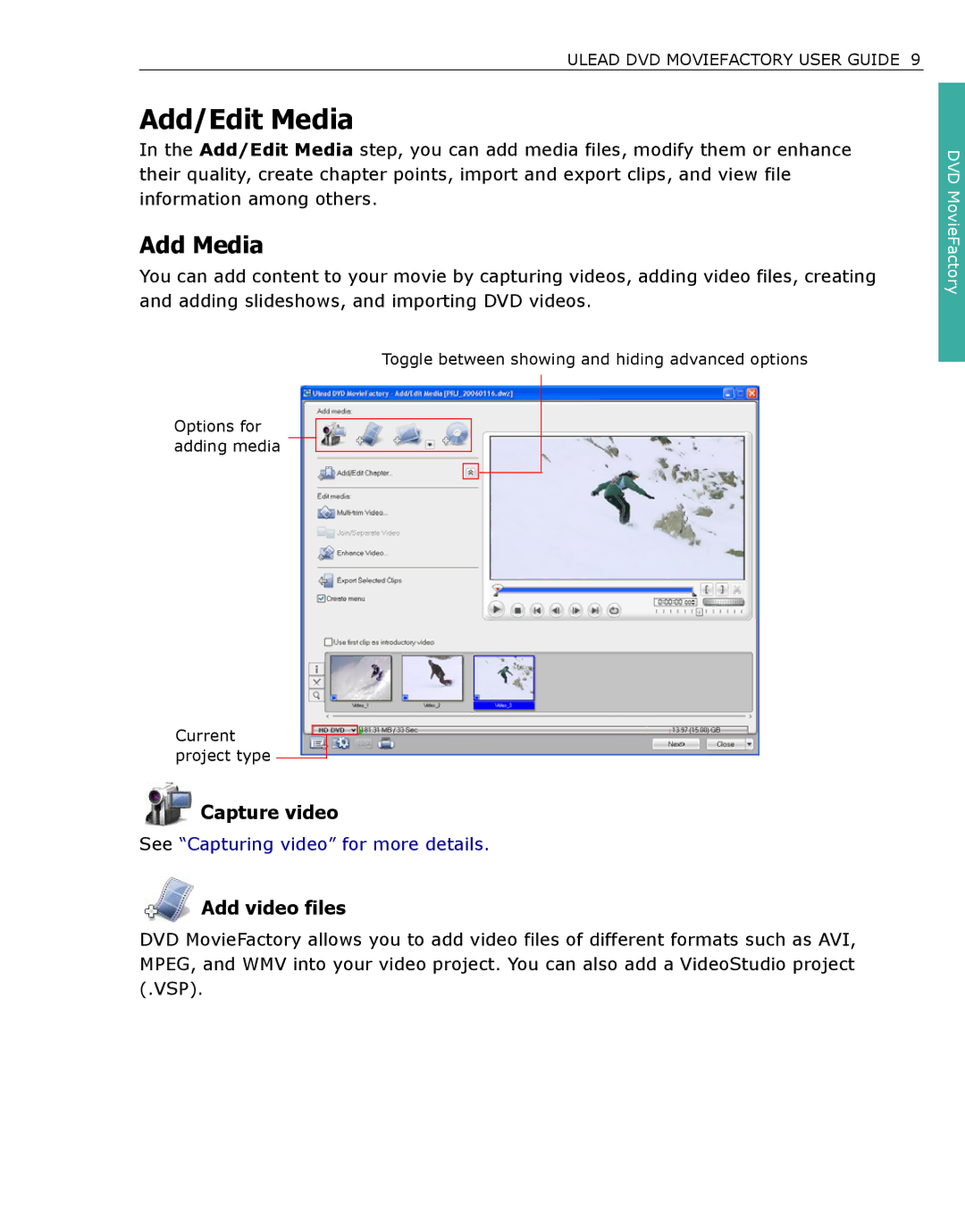 Ulead DVDMovieFactory manual Add/Edit Media, Add Media, Capture video, Add video files 