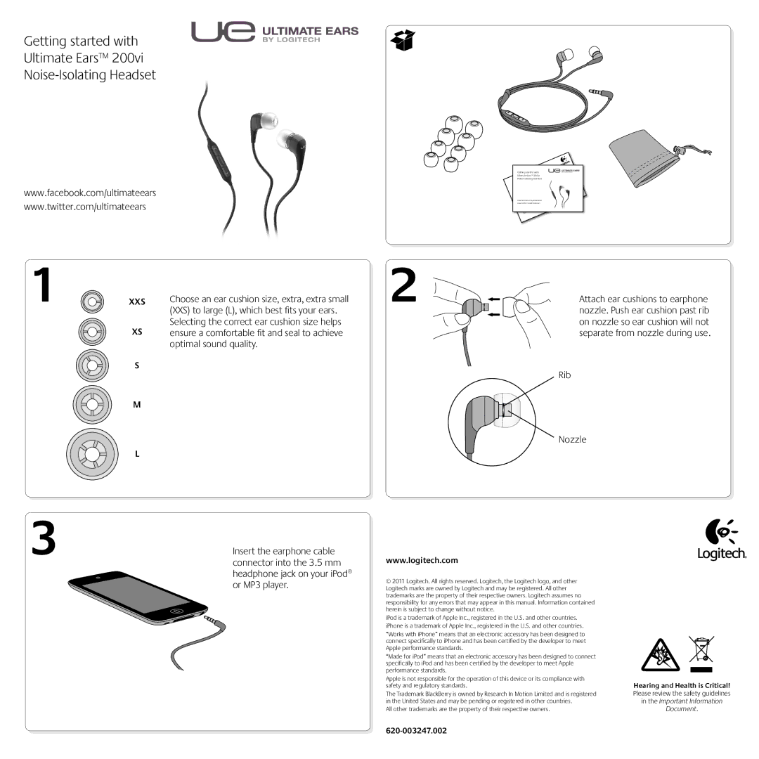 Ultimate Ears 200vi warranty Optimal sound quality, Xxs, 620-003247.002, Hearing and Health is Critical 