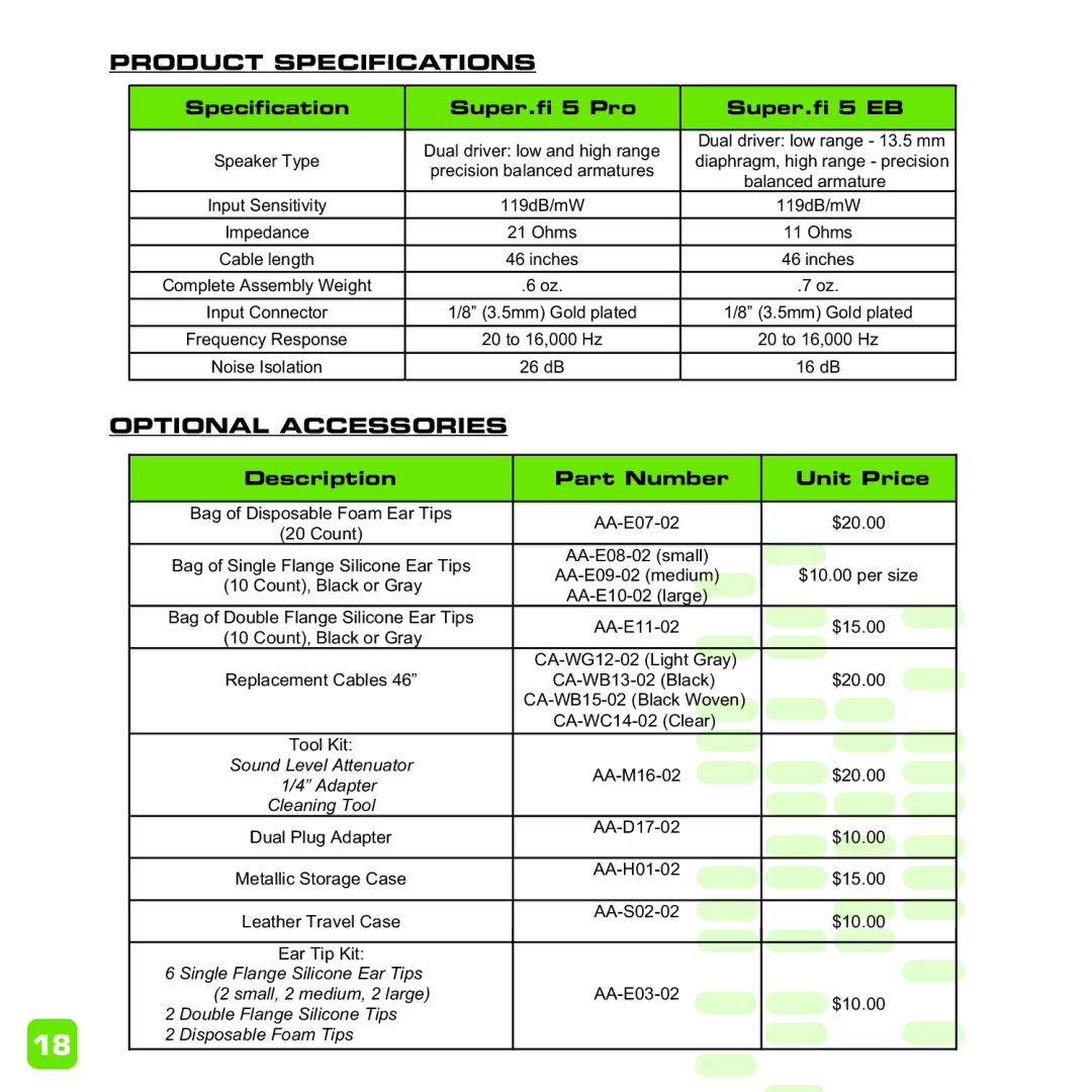 Ultimate Ears Earphone manual Product Specifications 