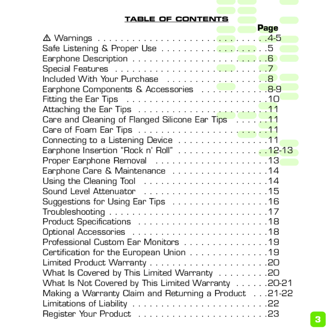 Ultimate Ears Earphone manual Table of Contents 