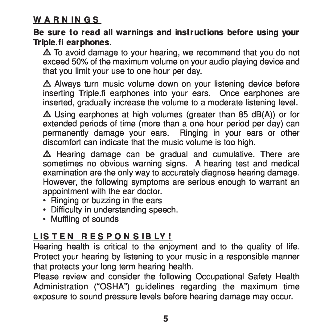 Ultimate Ears F1 19 PRO manual Warnings, Listen Responsibly 
