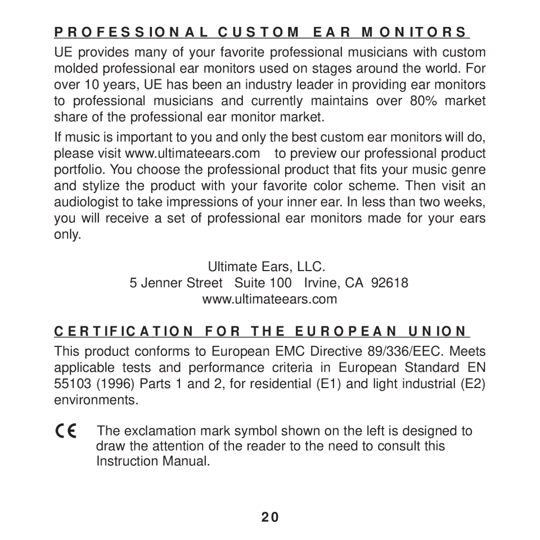 Ultimate Ears F1 19 PRO manual Professional Custom EAR Monitors, Ultimate Ears, LLC 