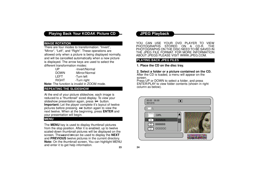 Ultimate Ears PD-500 manual Jpeg Playback, Image Rotation, Repeating the Slideshow, Menu, Playing Back Jpeg Files 