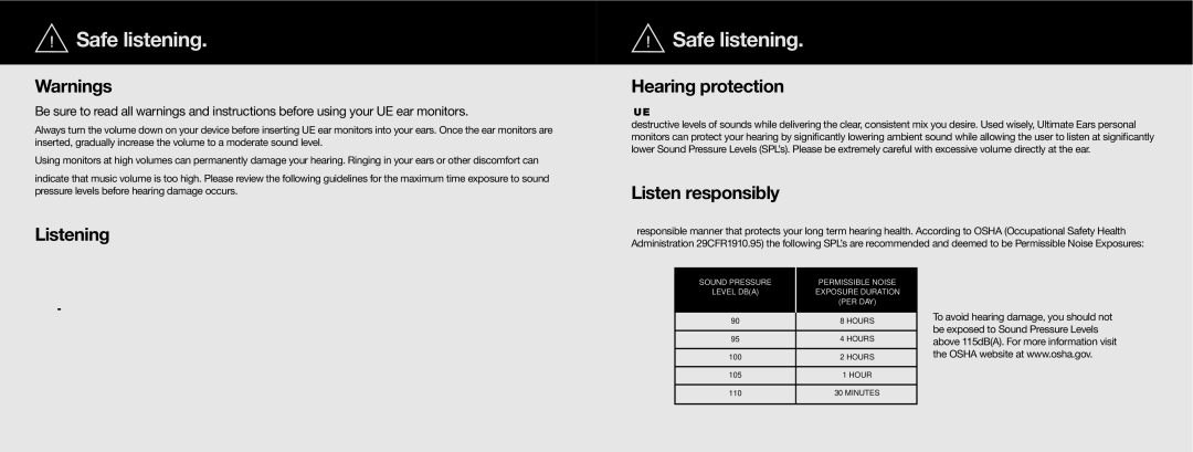 Ultimate Ears UE4 0000-0 manual Safe listening, Hearing protection 