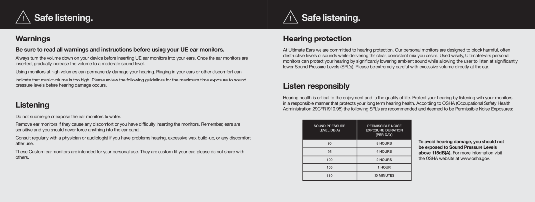 Ultimate Ears UE4 0000-0 manual Safe listening, Warnings, Listening, Hearing protection, Listen responsibly 