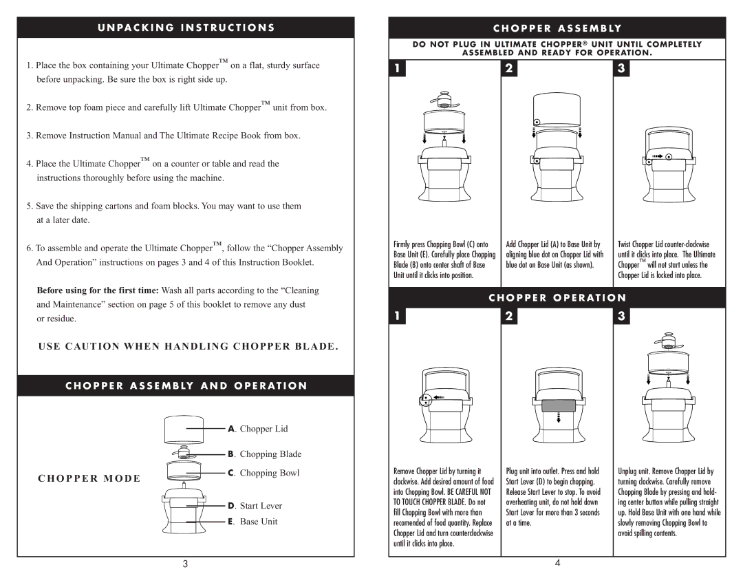 Ultimate Products Food Chopper instruction manual USE Caution When Handling Chopper Blade, O P P E R M O D E 