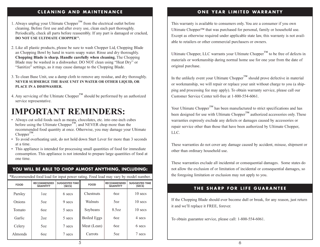 Ultimate Products Food Chopper instruction manual Important Reminders, E a N I N G a N D M a I N T E N a N C E 