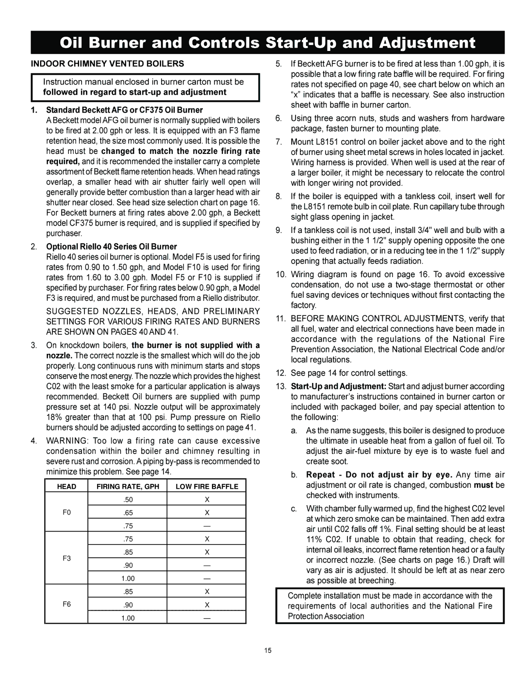 Ultimate Products PF Series manual Oil Burner and Controls Start-Up and Adjustment, Indoor Chimney Vented Boilers 