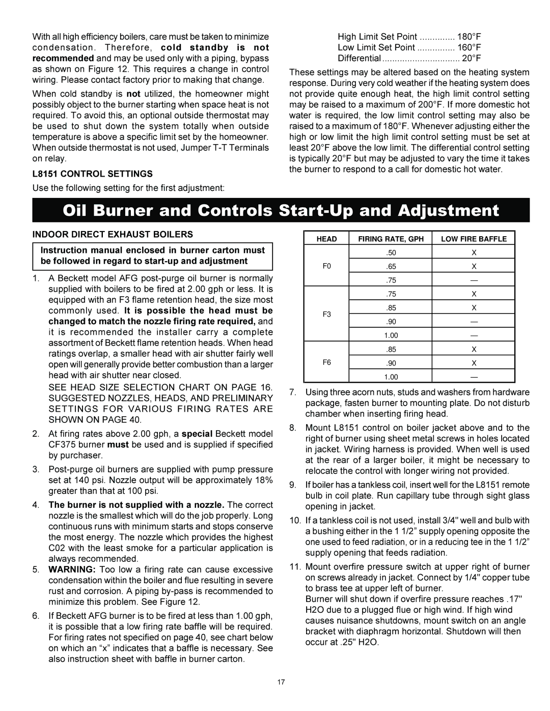 Ultimate Products PF Series manual L8151 Control Settings, Indoor Direct Exhaust Boilers 