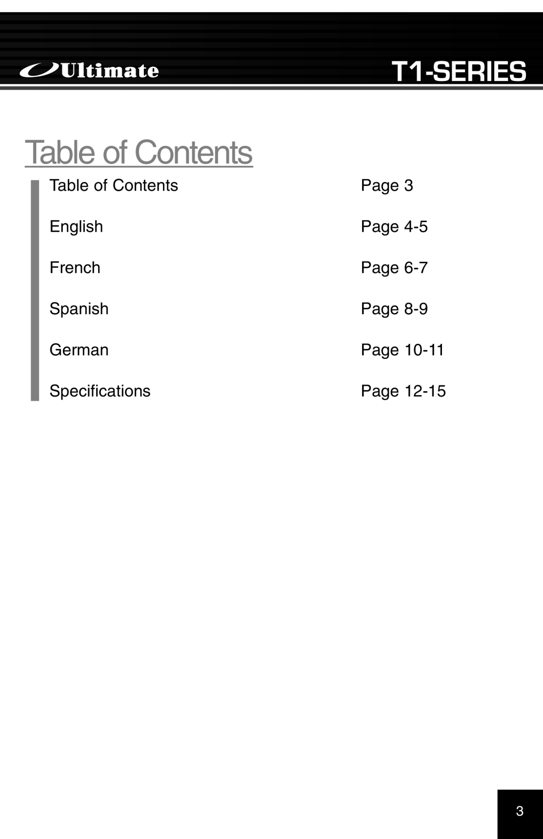 Ultimate Products T1-420 manual Table of Contents 