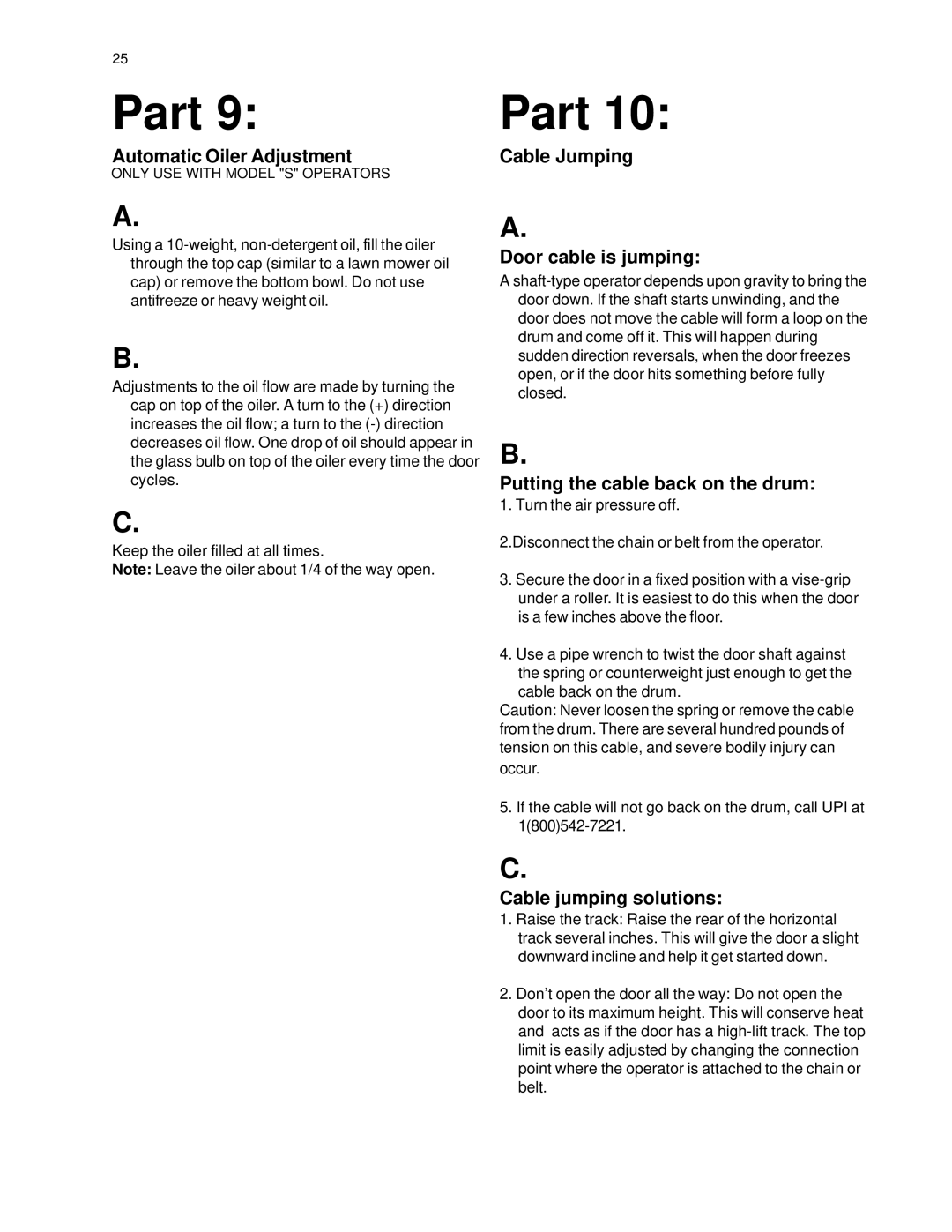 Ultimate Products UP-206 manual Automatic Oiler Adjustment Cable Jumping, Door cable is jumping, Cable jumping solutions 
