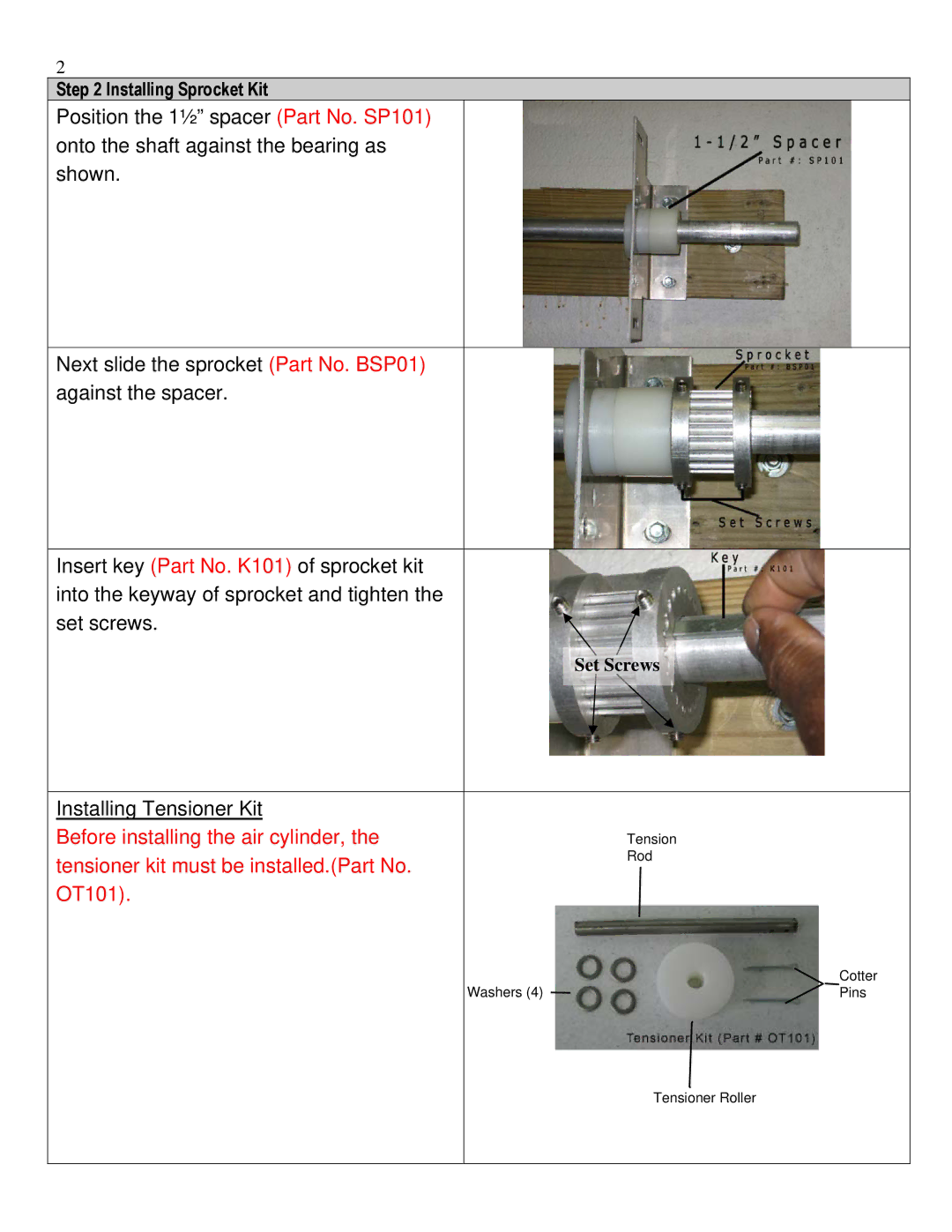 Ultimate Products UP-206 manual Installing Tensioner Kit Before installing the air cylinder 