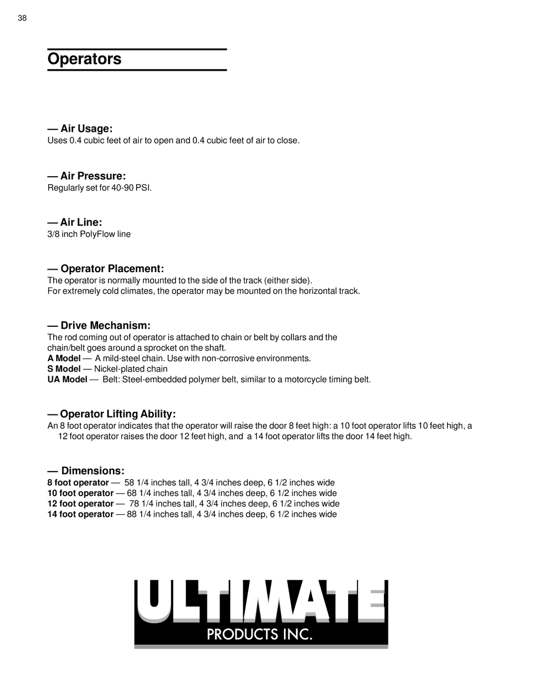 Ultimate Products UP-206 manual Operators 