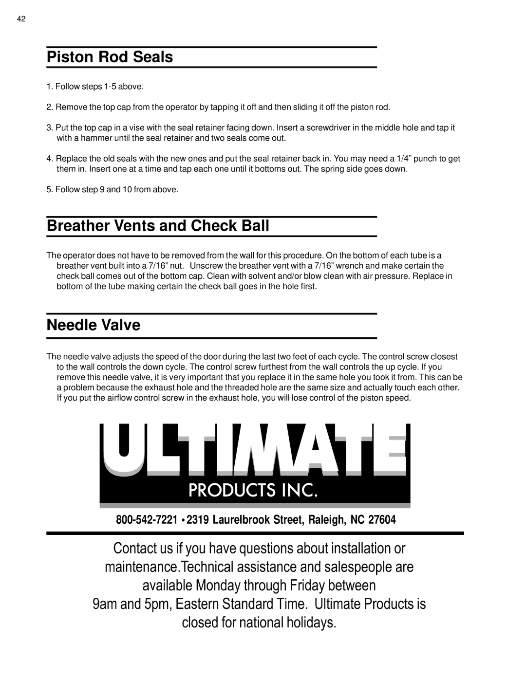 Ultimate Products UP-206 manual Piston Rod Seals, Breather Vents and Check Ball, Needle Valve 