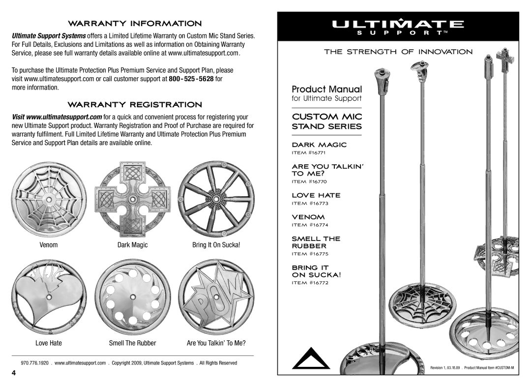 Ultimate Support Systems 16775, 16774, 16773, 16772, 16771, 16770 warranty Custom MIC, Stand Series 