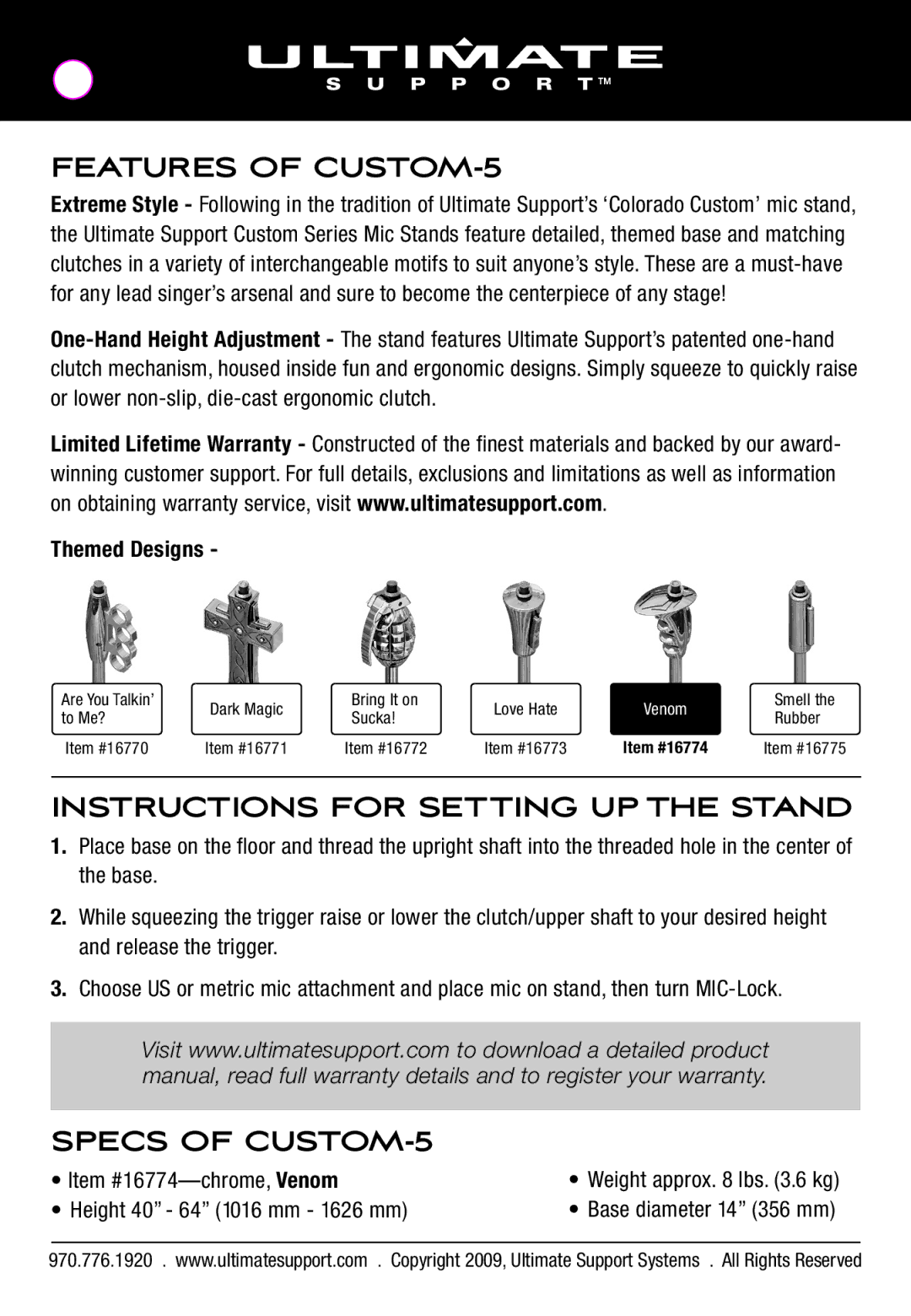 Ultimate Support Systems 16774T manual Features of CUSTOM-5, Instructions for Setting UP the Stand, Specs of CUSTOM-5 