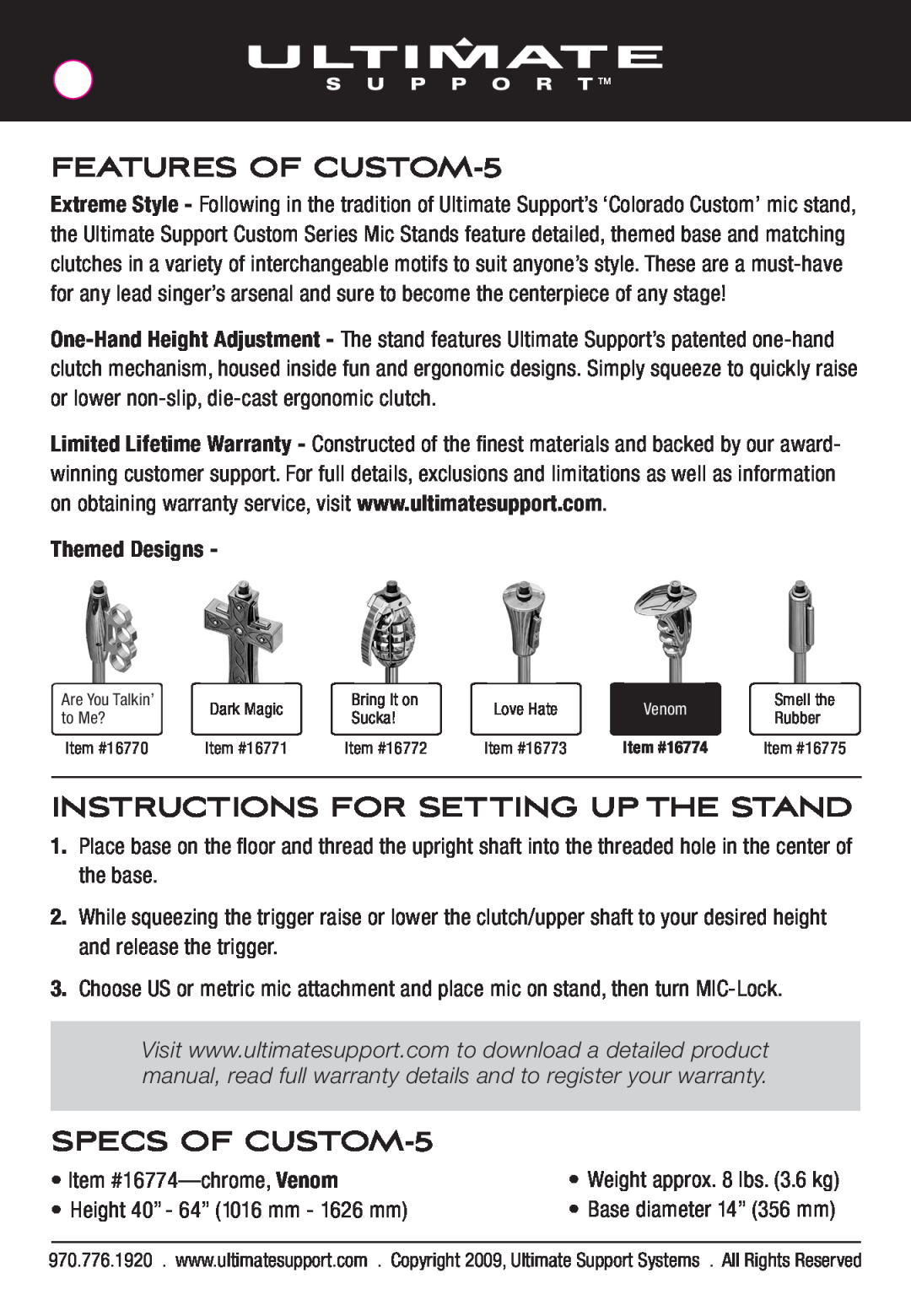 Ultimate Support Systems 16774T manual FEATURES OF CUSTOM-5, Instructions For Setting Up The Stand, SPECS OF CUSTOM-5 