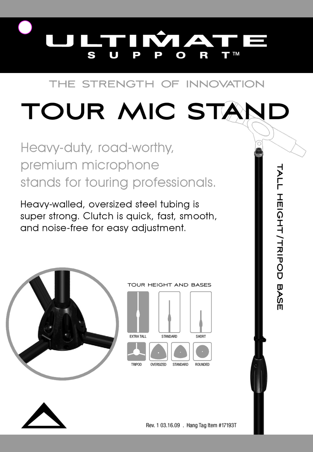 Ultimate Support Systems 17193 manual Tour MIC Stand, Tall Height /TRIPOD Base 