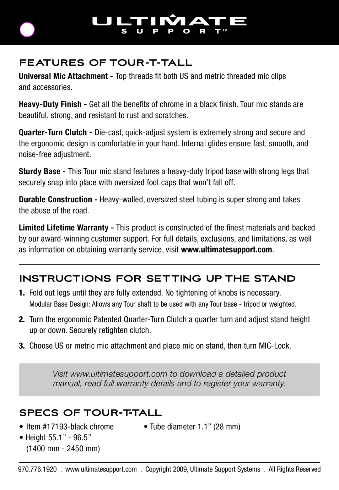 Ultimate Support Systems 17193 manual Features of TOUR-T-TALL, Instructions for Setting UP the Stand, Specs of TOUR-T-TALL 