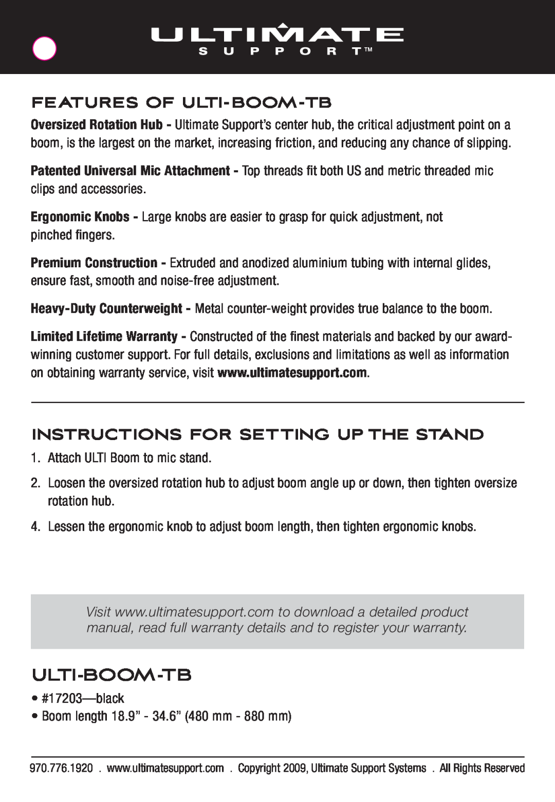 Ultimate Support Systems 17203T manual Features Of Ulti-Boom-Tb, Instructions For Setting Up The Stand 