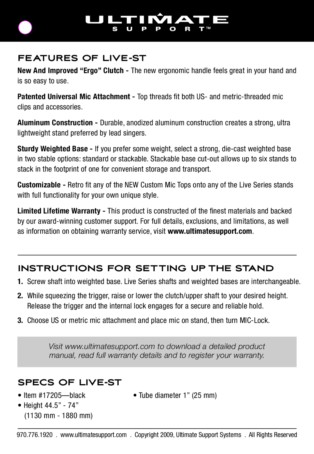 Ultimate Support Systems 17205T manual Features of LIVE-ST, Instructions for Setting UP the Stand, Specs of LIVE-ST 