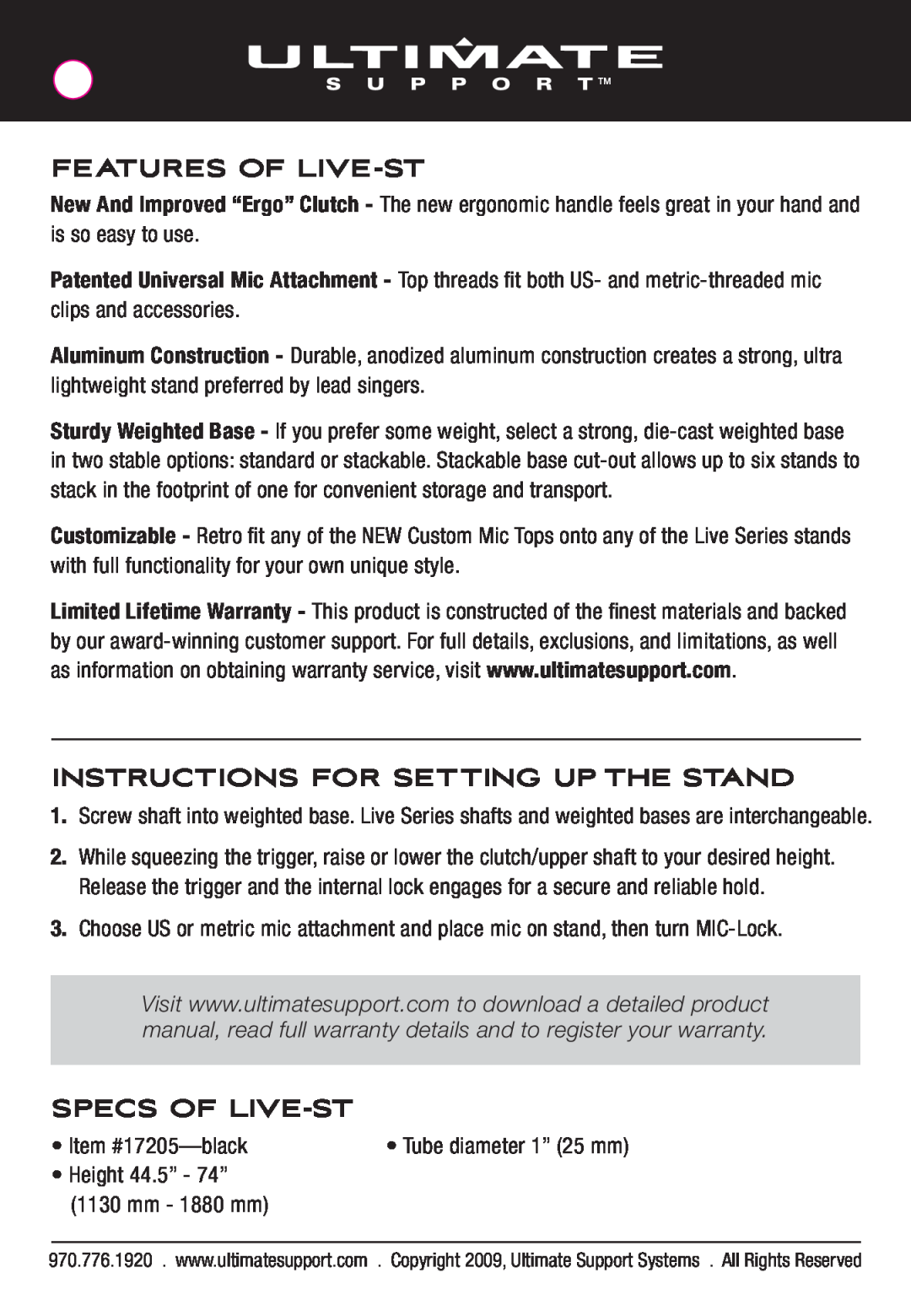 Ultimate Support Systems 17205T manual Features Of Live-St, Instructions For Setting Up The Stand, Specs Of Live-St 