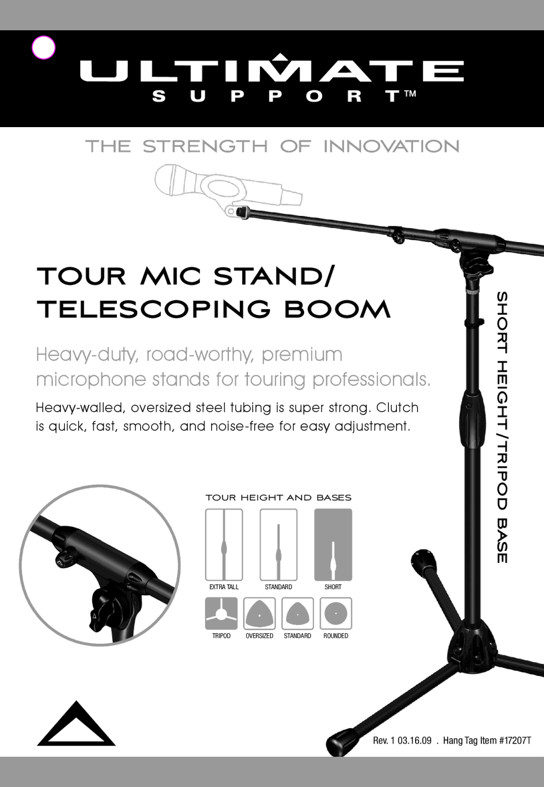 Ultimate Support Systems 17207T, 17207BLACK manual Tour MIC STAND/ Telescoping Boom 