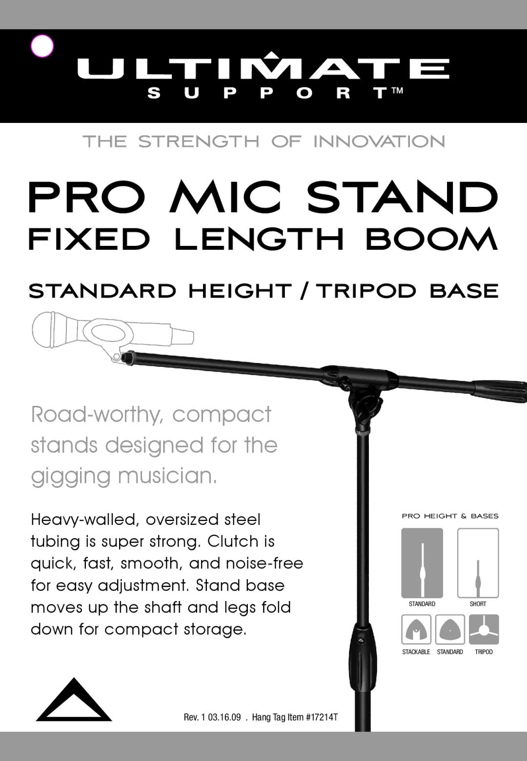 Ultimate Support Systems 17214T manual PRO MIC Stand, Fixed Length Boom, Standard Height / Tripod Base 