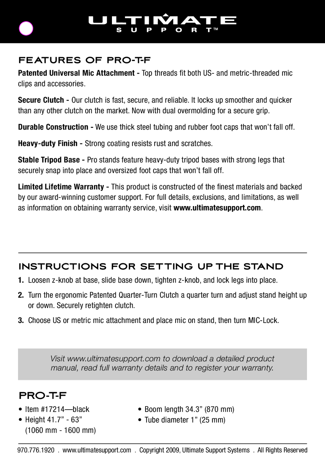 Ultimate Support Systems 17214T manual Features of PRO-T-F, Instructions for Setting UP the Stand 