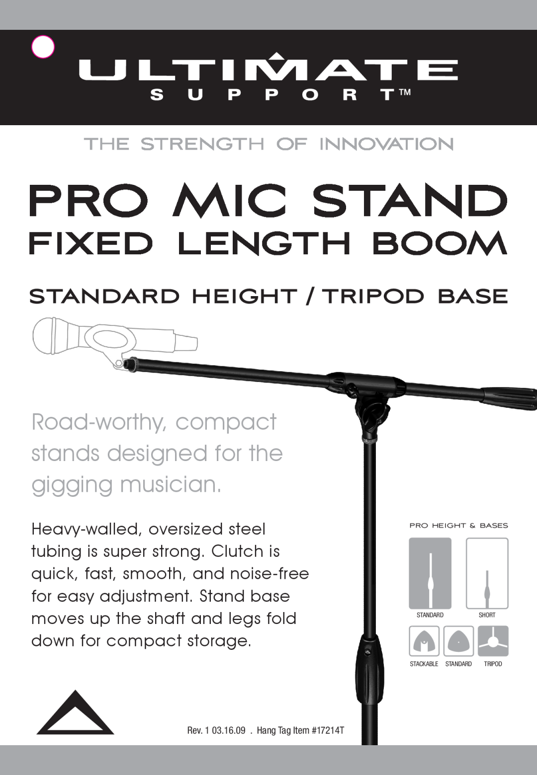 Ultimate Support Systems 17214T manual Pro Mic Stand, Fixed Length Boom, Standard Height / Tripod Base, Pro Height & Bases 