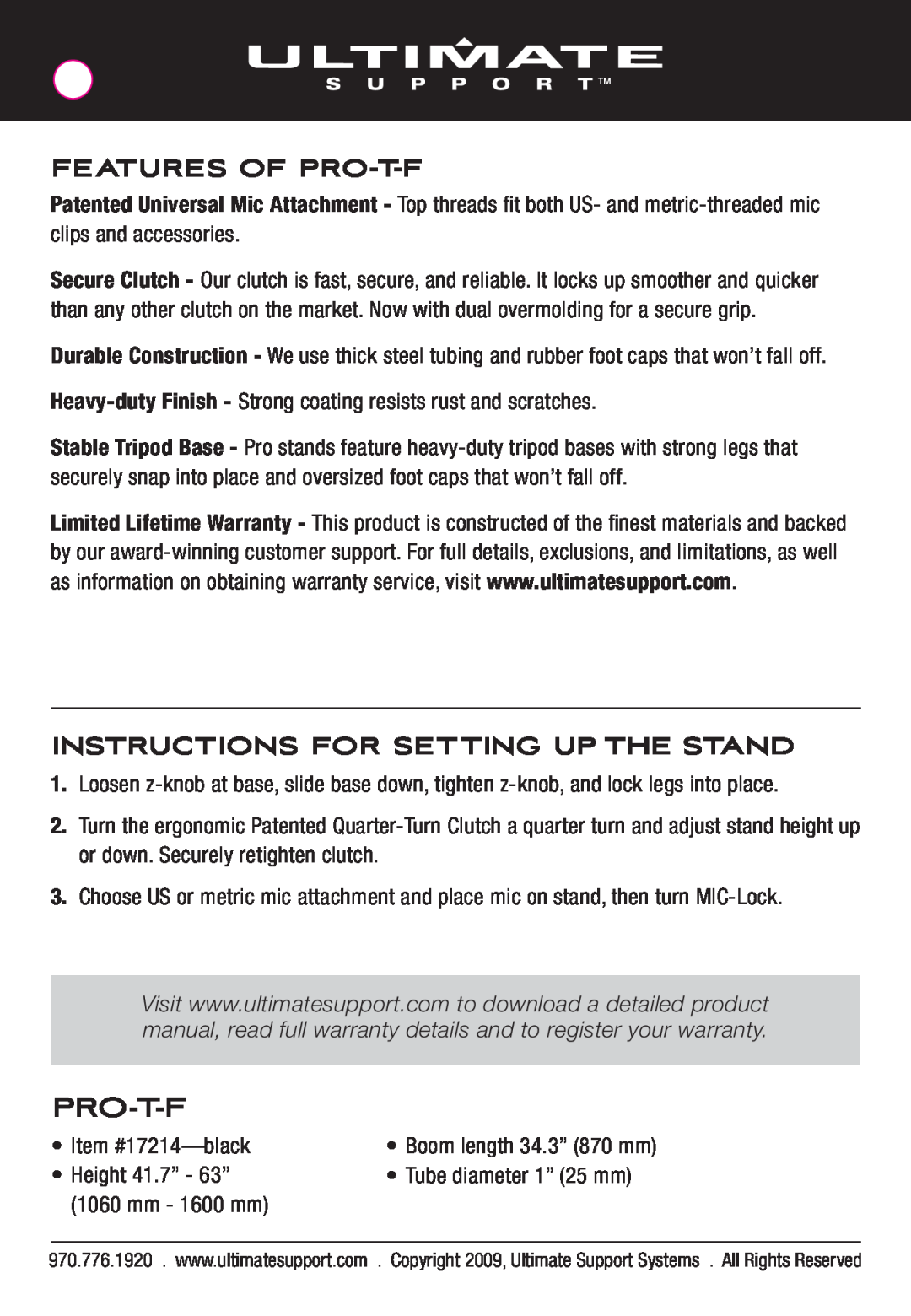 Ultimate Support Systems 17214T manual Features Of Pro-T-F, Instructions For Setting Up The Stand 