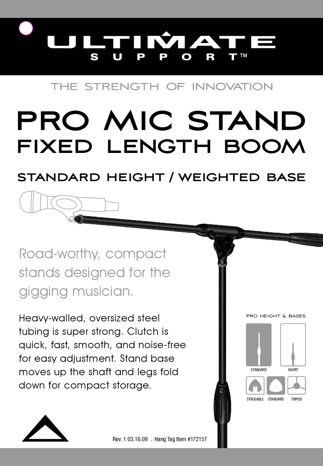 Ultimate Support Systems 17215T manual PRO MIC Stand, Fixed Length Boom, Standard Height / Weighted Base 